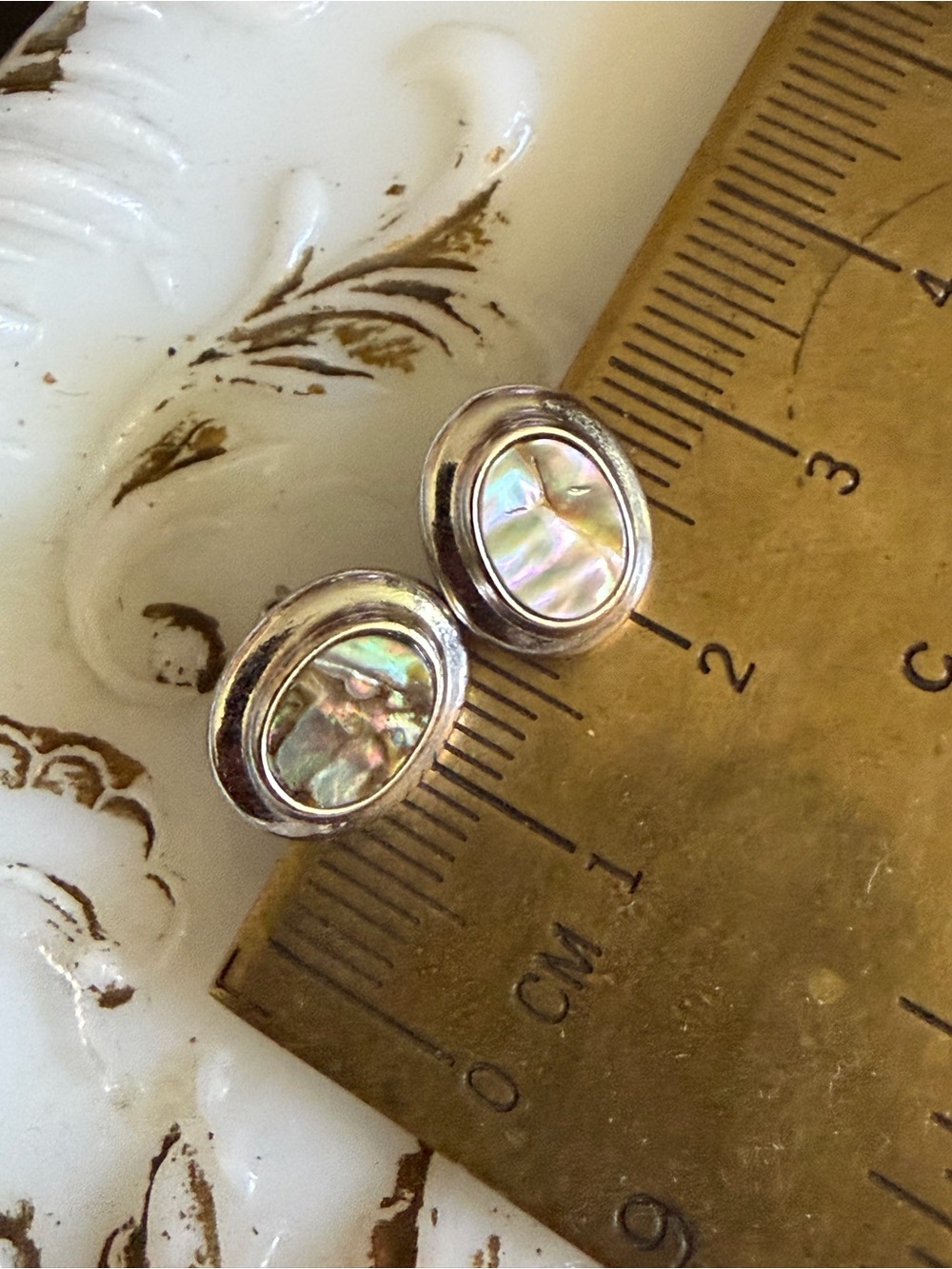 Vintage Dainty Silver Tone Earrings With Abalone Inlay Southwest Native Style